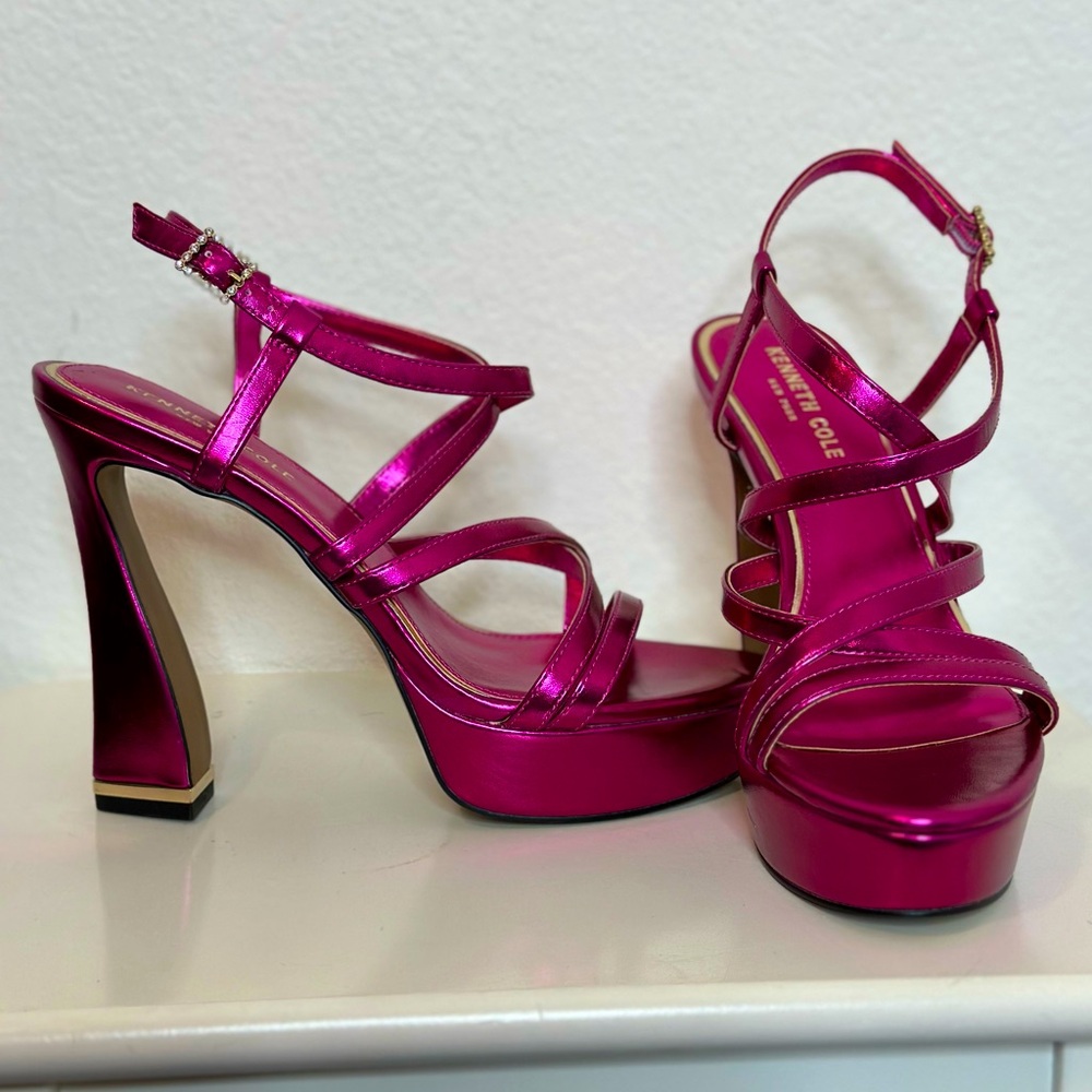 LIKE NEW! KENNETH COLE Allen Strappy Hot Pink Platform High Heel Sandals - Picture 6 of 15